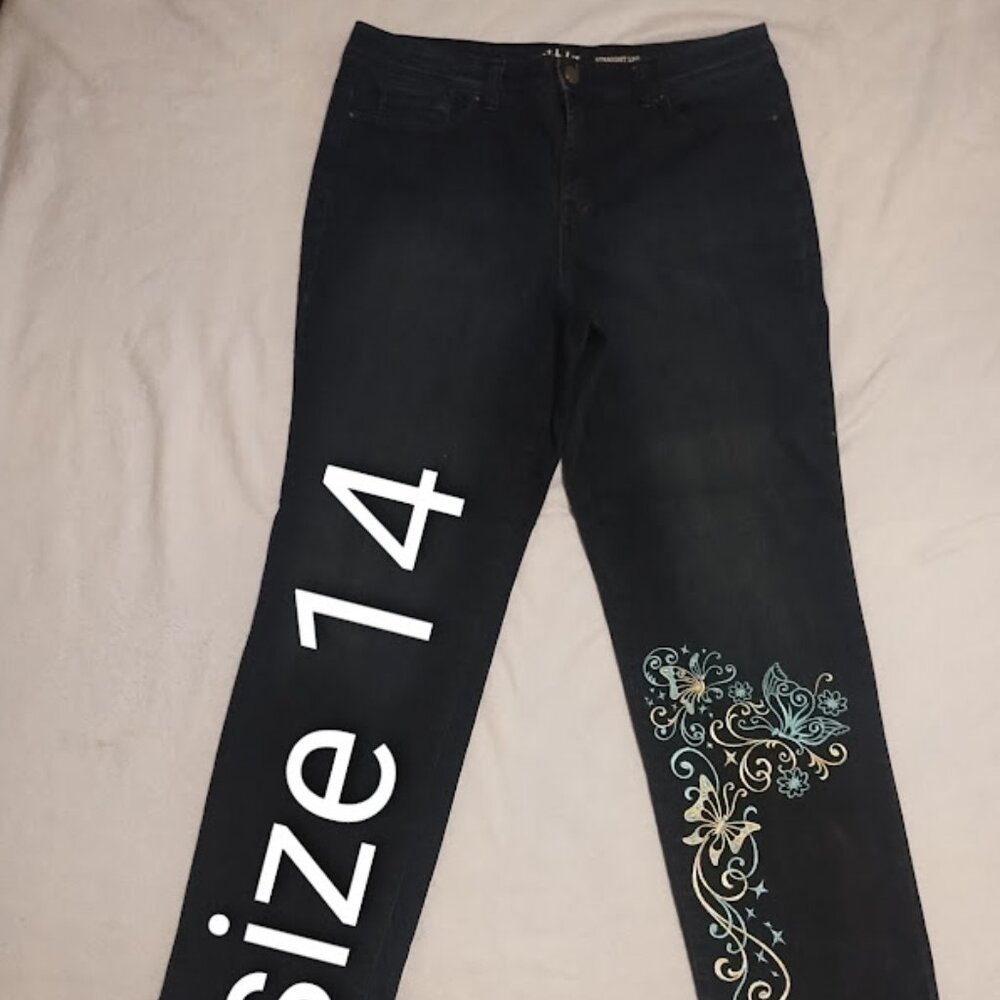 Style Co Jeans Women 14 Blue Denim Stretch Straight Leg Embroidery High Rise 34